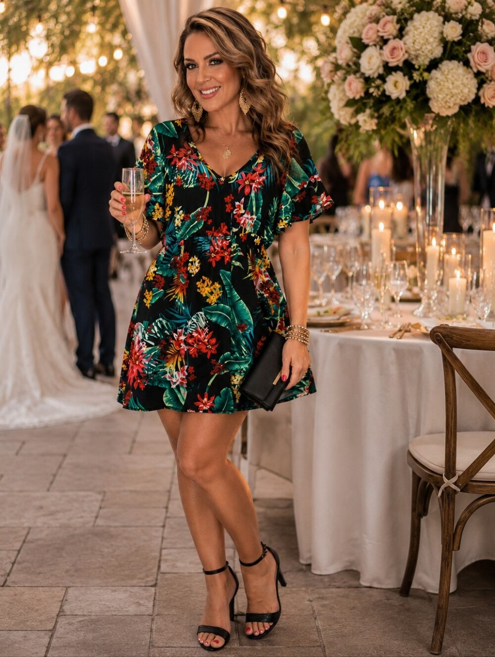 Shein Curve 1XL Floral Tropical Print Ruffle Sleeve Dress